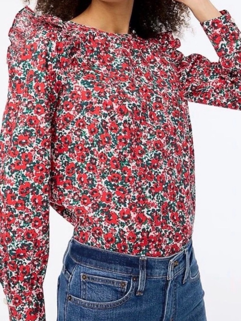 J. Crew Red Floral Print Cotton Blend Poplin Ruffle Blouse Shirt Top XL